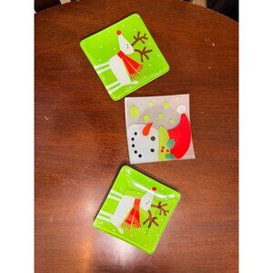 Holiday-Themed Glass Plates Set Of 3 With Reindeer & Snowman Designs Vibrant Col
